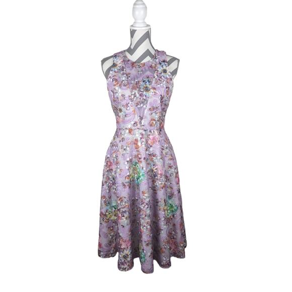 BADGLEY MISCHKA BELLE Nadia Dress Floral Sleeveless A-line Cocktail Lilac Size 6 - Picture 2 of 15